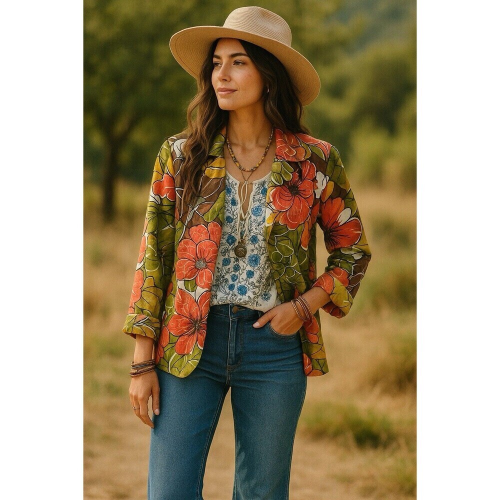 Trenz by Theresa Renz Woman Green Orange Blazer All Over Floral Bohemian Large